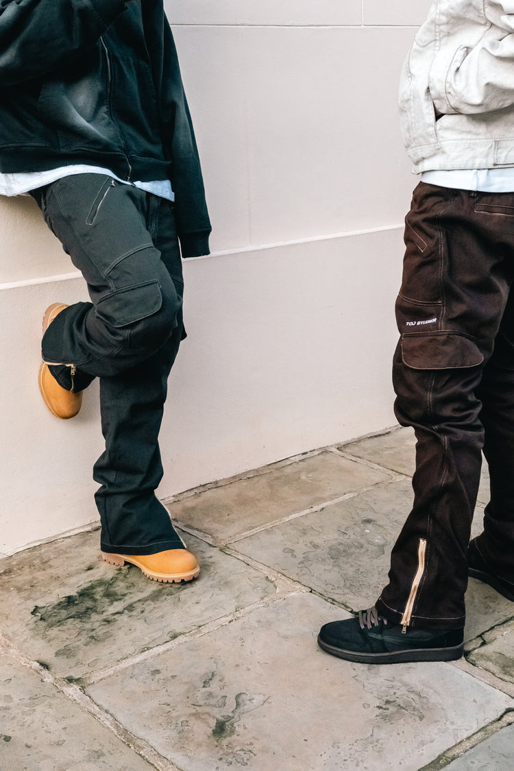 OVERDYƎ MIDNIGHT ZIP FLARE CARGO PANTS
