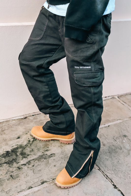 OVERDYƎ MIDNIGHT ZIP FLARE CARGO PANTS
