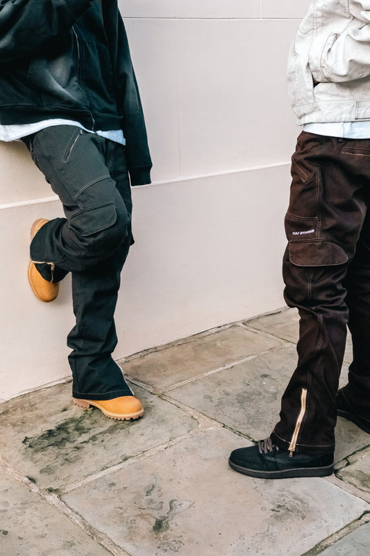 OVERDYƎ MIDNIGHT ZIP FLARE CARGO PANTS